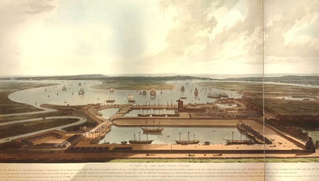 East India Docks, London showing ships at anchor