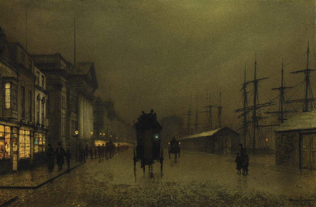 Docks at night with horse drawn carriage in centre and ships docked on the side. John Atkinson Grimshaw - The Docks at Liverpool
