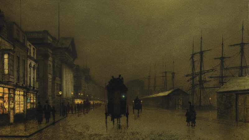 Docks at night with horse drawn carriage in centre and ships docked on the side. John Atkinson Grimshaw - The Docks at Liverpool
