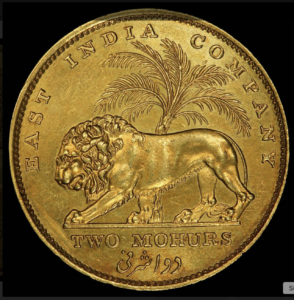 East India Company coin showing lion and palm tree