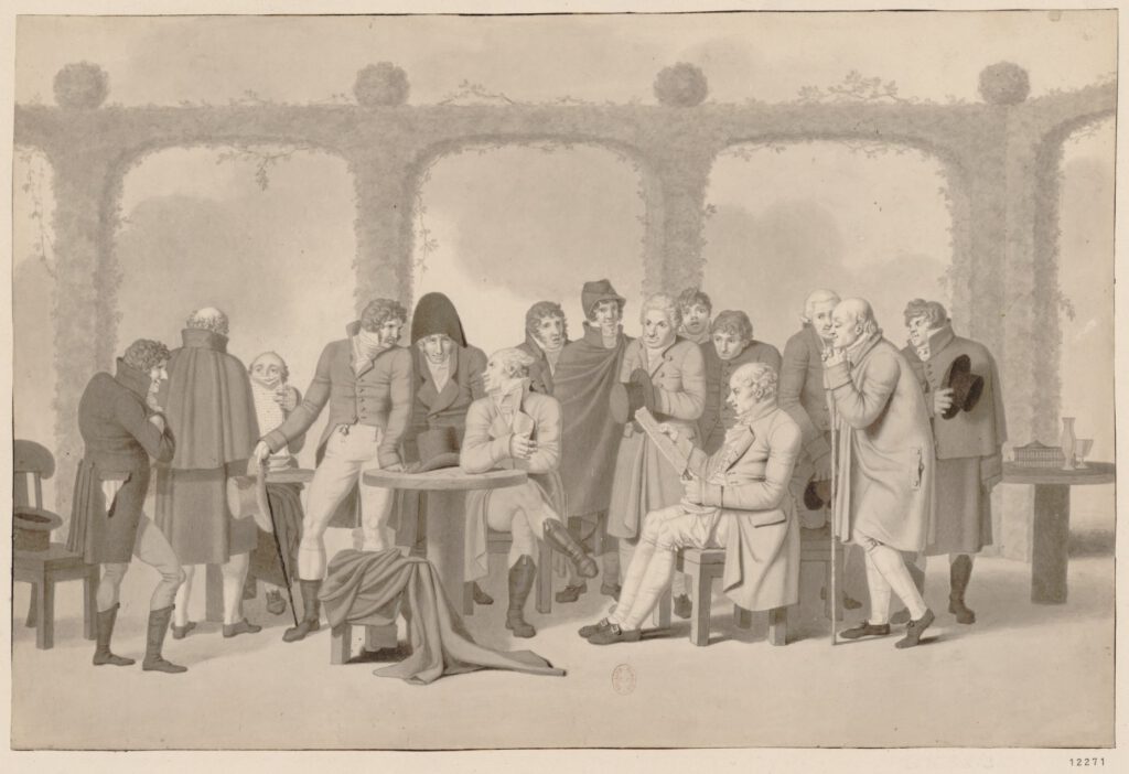 Group of men reading in a public garden: "Lecture des nouvelles dans un jardin" by Hennin, Bibliotheque Nationale de France