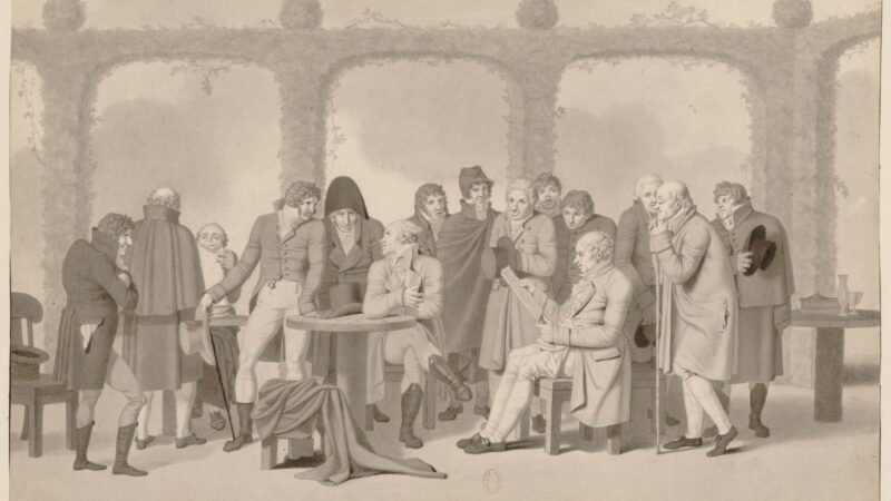 Group of men reading in a public garden: "Lecture des nouvelles dans un jardin" by Hennin, Bibliotheque Nationale de France