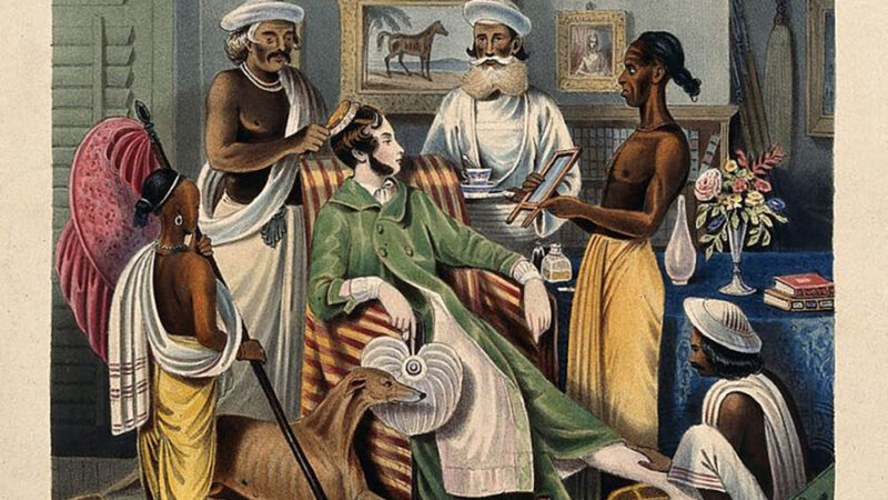 A male Anglo-Indian being washed, dressed and attended by five Indian servants. Coloured lithograph by J. Bouvier, 1842, after W. Tayler. More: Original public domain image from Wellcome Collection
