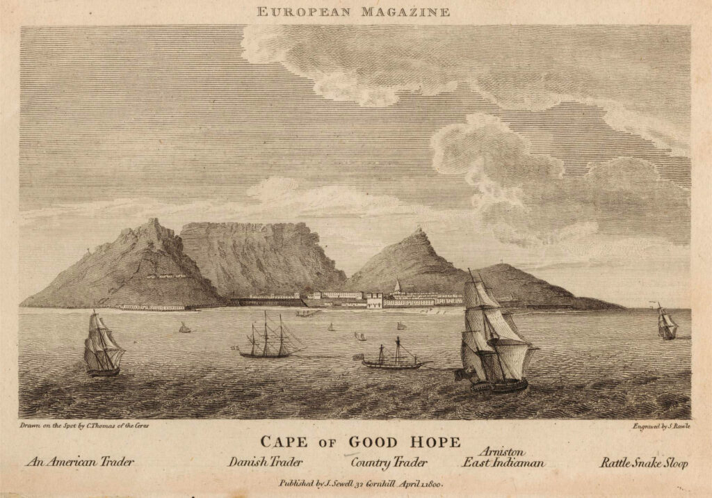 Cape of Good Hope showing Table Mountain and ships in front. Image: Samuel Rowle, “Cape of Good Hope,” etching, public domain, courtesy Yale Center for British Art