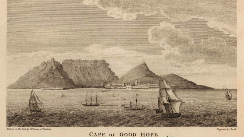 Cape of Good Hope showing Table Mountain and ships in front. Image: Samuel Rowle, “Cape of Good Hope,” etching, public domain, courtesy Yale Center for British Art