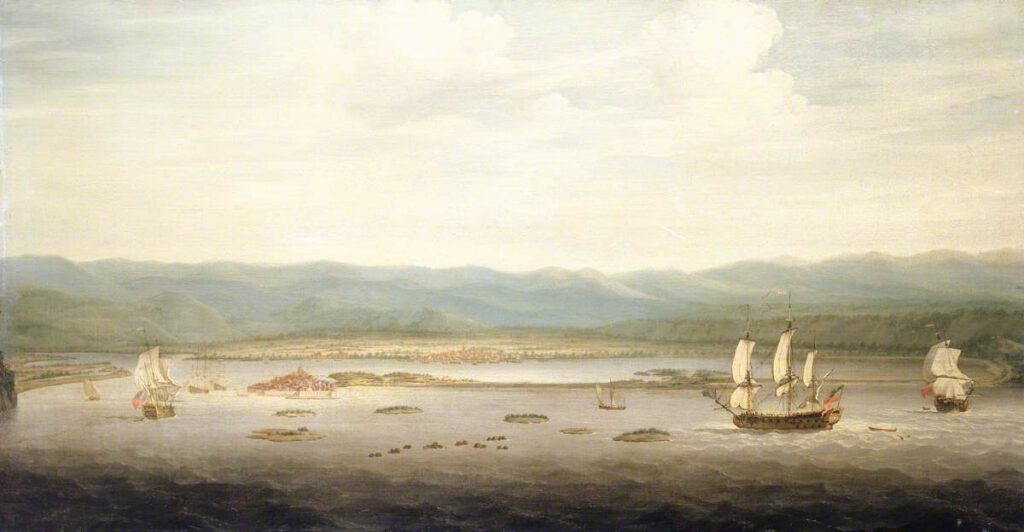 View of Port Royal, Jamaica by Richard Paton with sailing ships in foreground